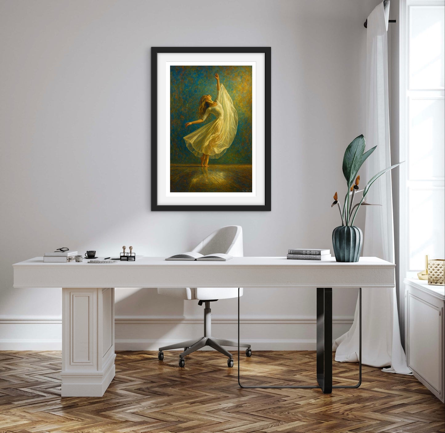 Modern office setup with a white desk, chair, and framed artwork on a wall.