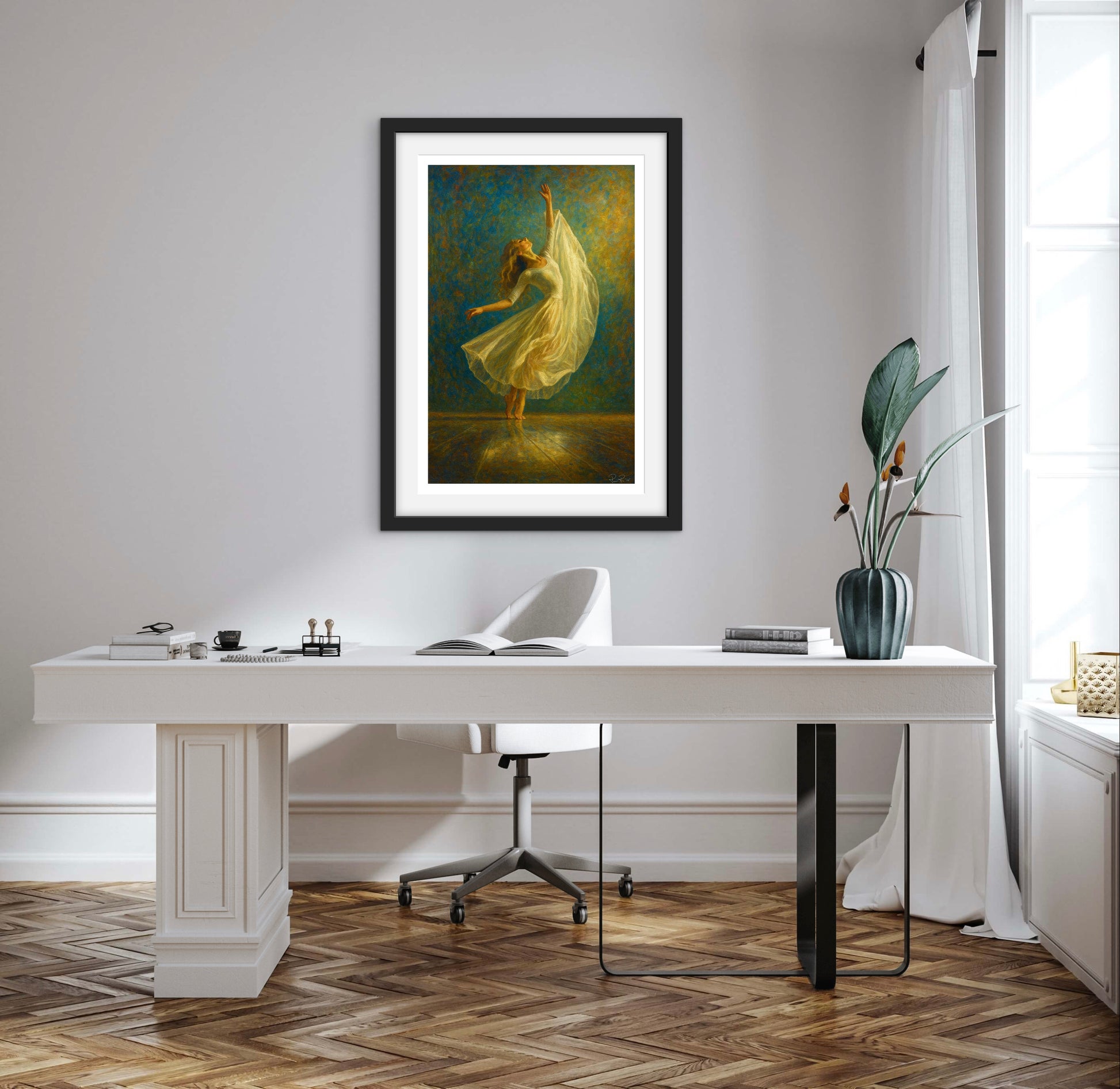 Modern office setup with a white desk, chair, and framed artwork on a wall.