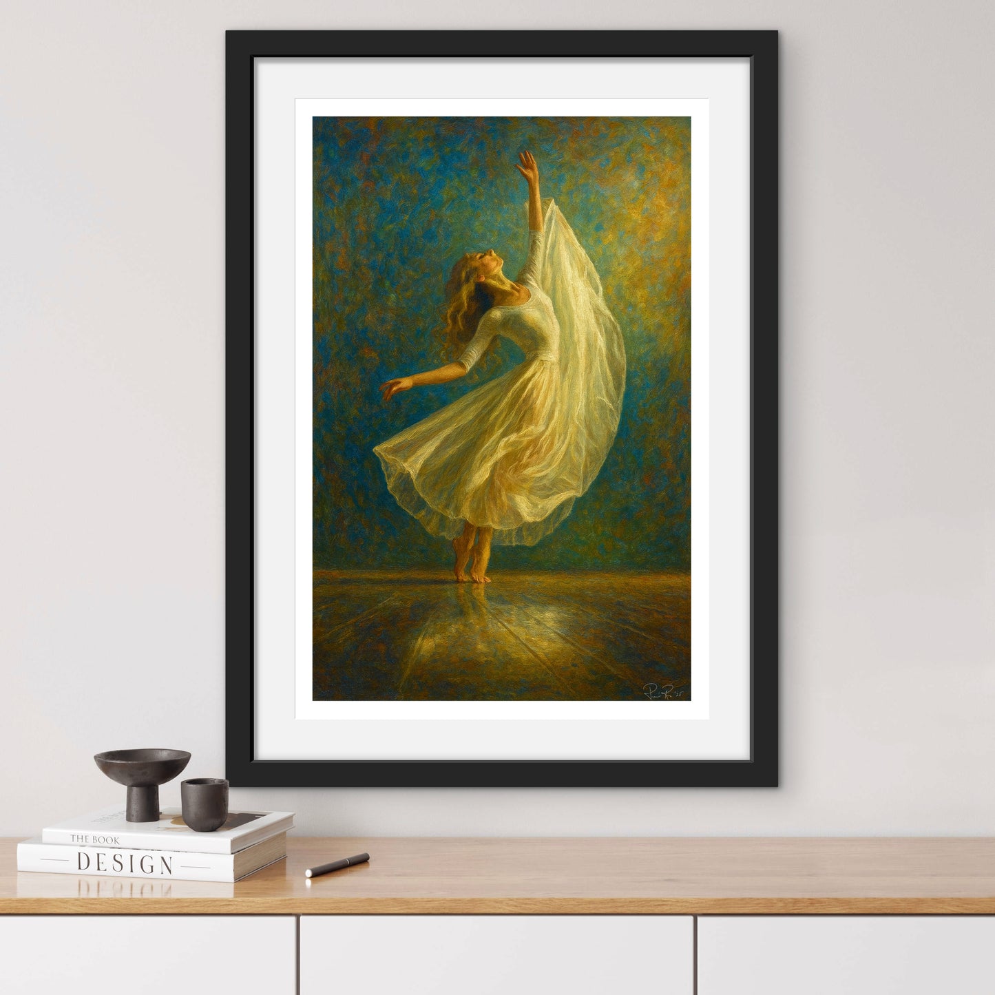 Framed painting of a woman in a flowing dress on a wall above a wooden shelf.