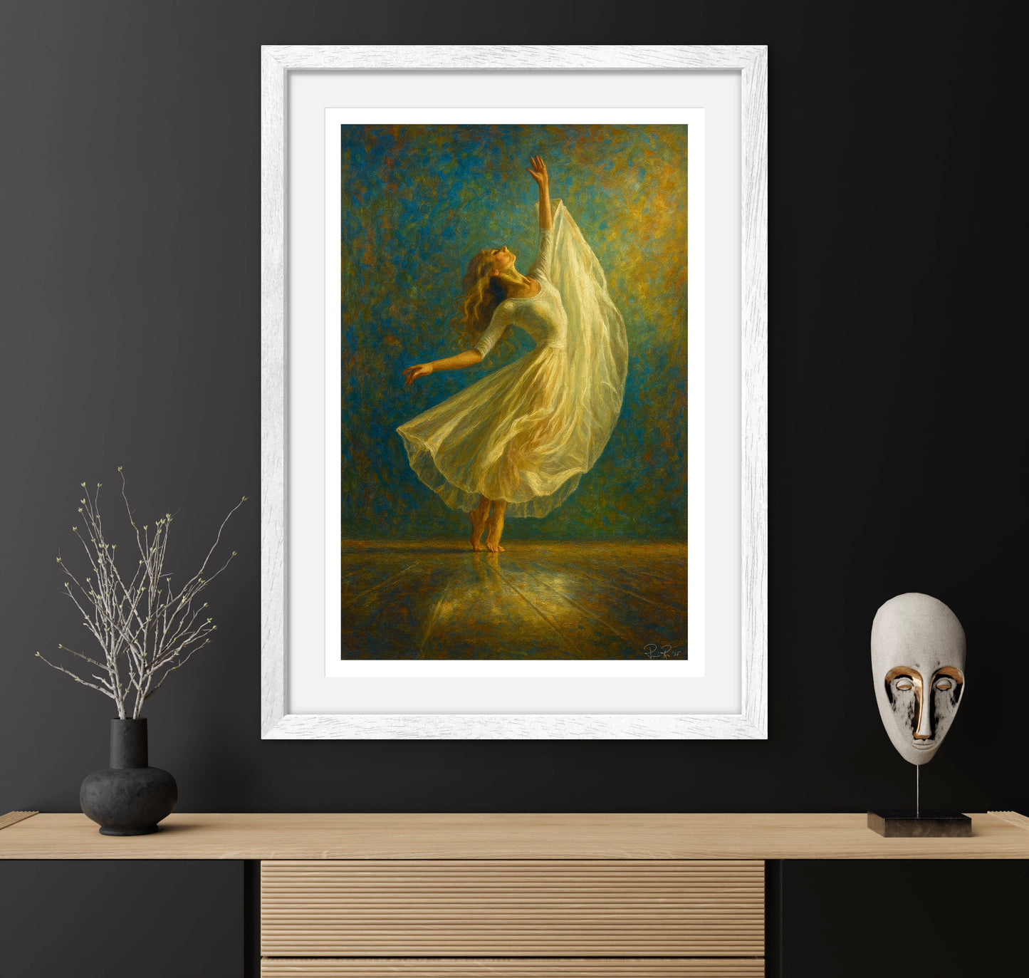 Framed artwork of a woman in a flowing dress on a dark wall with decorative items below.