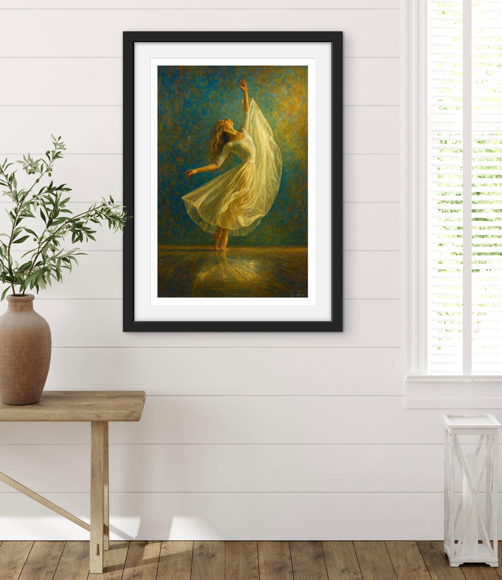 Framed painting of a dancer in a room with a wooden floor and white walls.