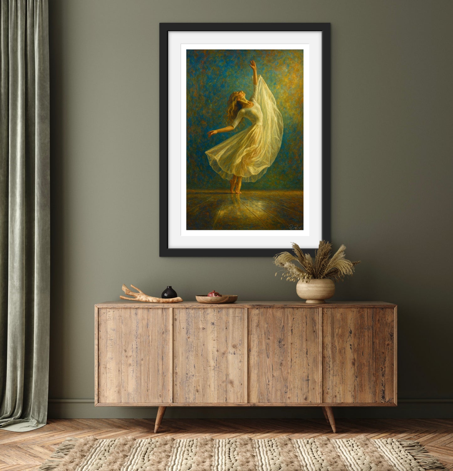 Framed painting of a woman in a flowing dress above a wooden cabinet.