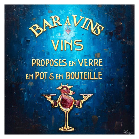 Vintage-style advertisement for Bar a Vins with a stylized wine glass character on a blue background.