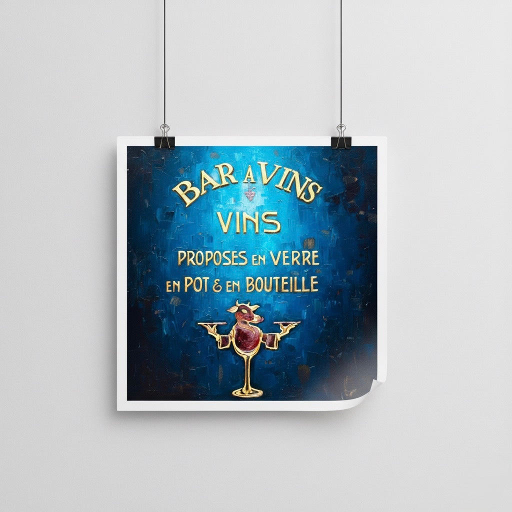 Wine bar sign with text and wine glass graphic on a blue background