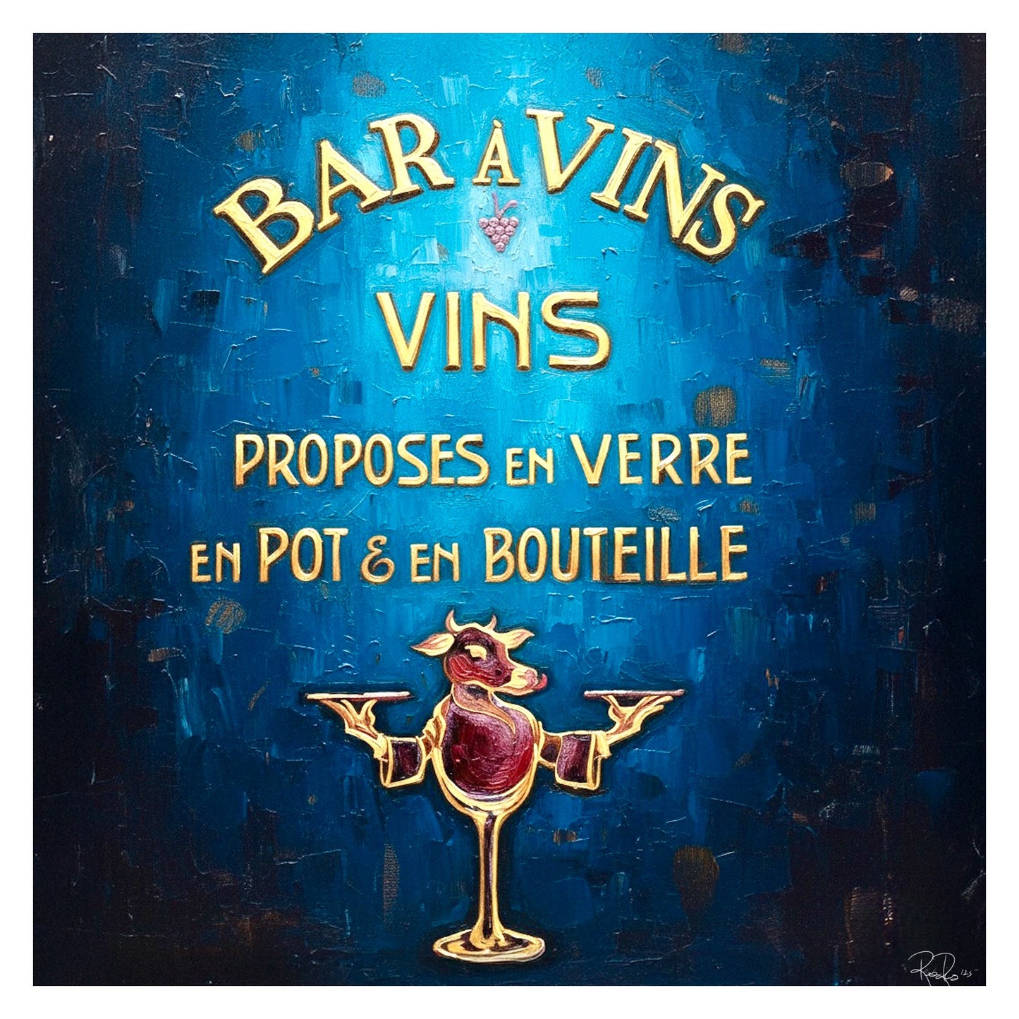Vintage-style advertisement for Bar a Vins with a stylized wine glass character on a blue background.