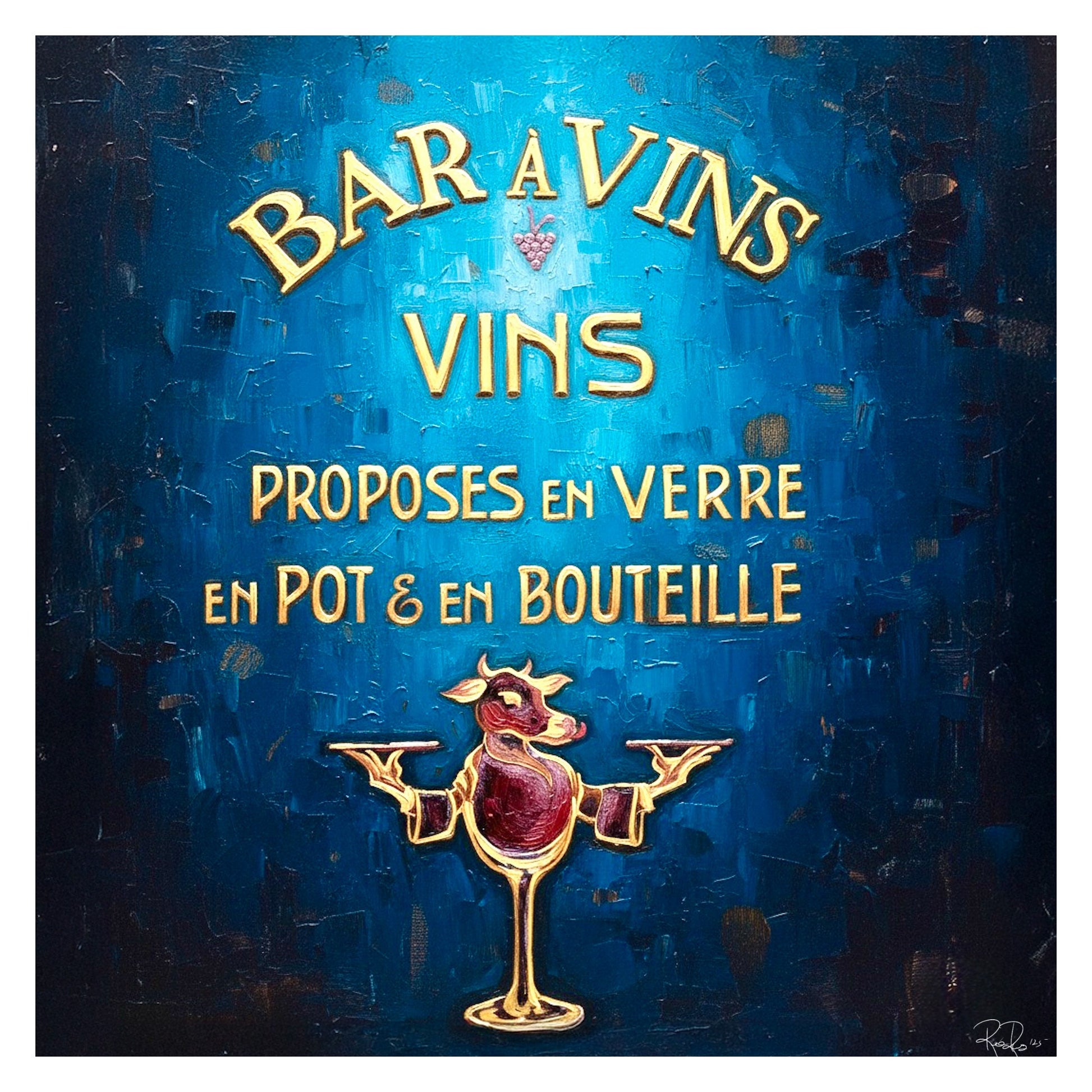 Vintage-style advertisement for Bar a Vins with a stylized wine glass character on a blue background.