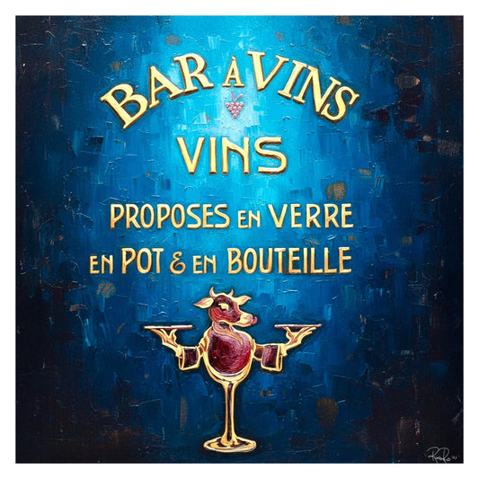 Vintage-style advertisement for Bar a Vins with a stylized wine glass character on a blue background.