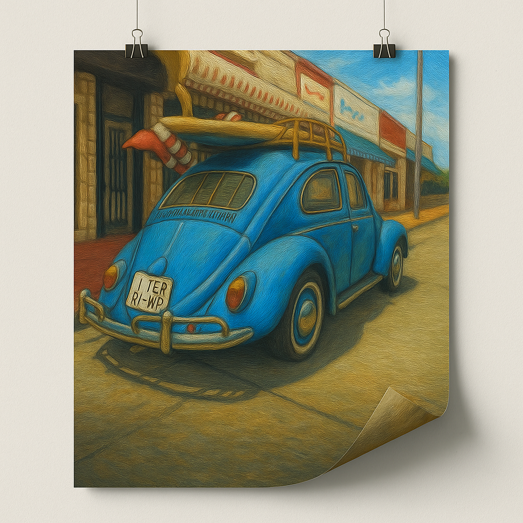 A vintage VW BUG with surfboards on top in a beach village 