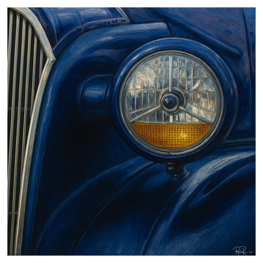 Vintage Headlight on a blue vintage hot rod mag elf an oil painting