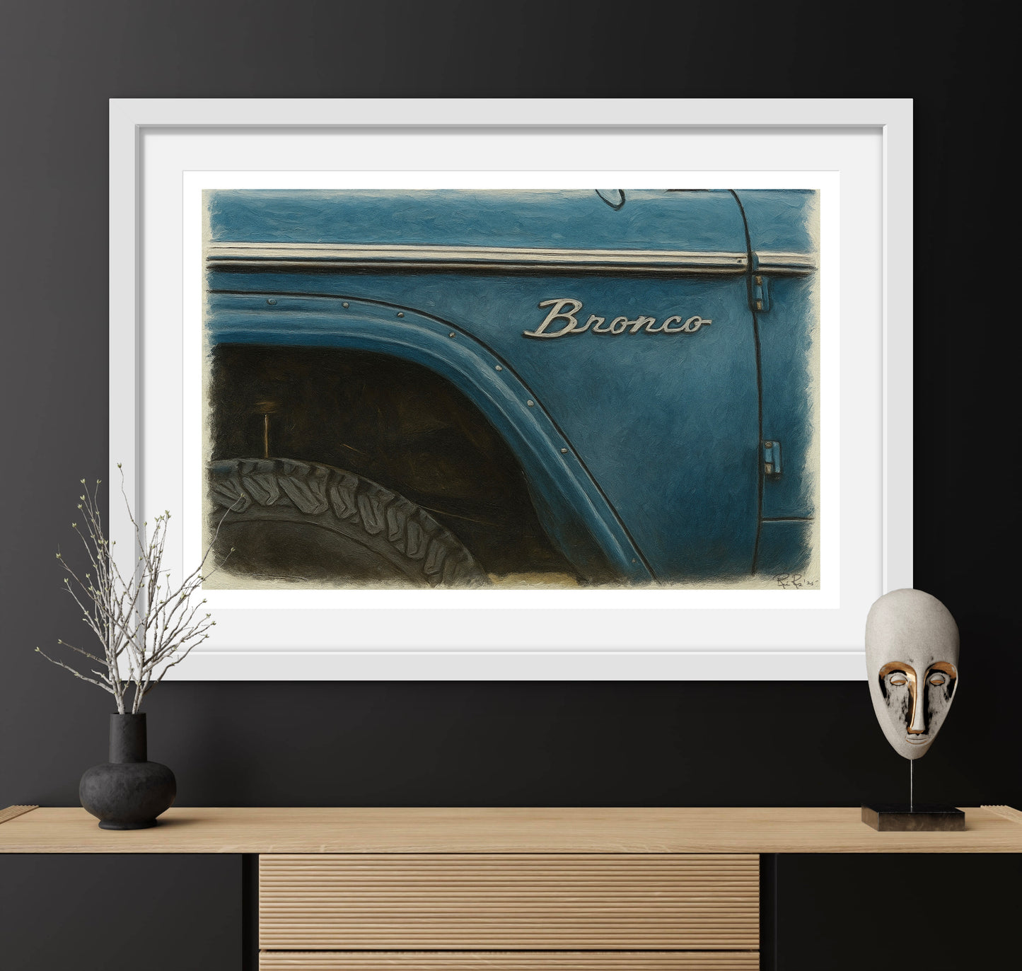 Oil Painting of a vintage ford bronco fender in blue framed in a white frame