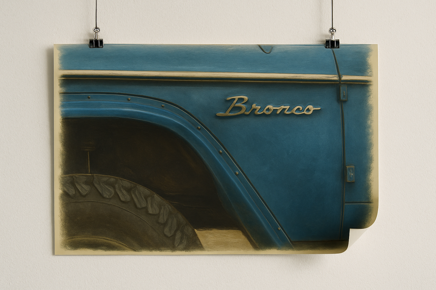 An image of a vintage ford bronco fender in blue oil painting hanging from clips