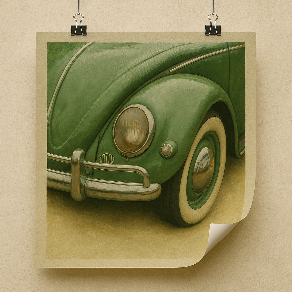 Green vintage car on a beige background