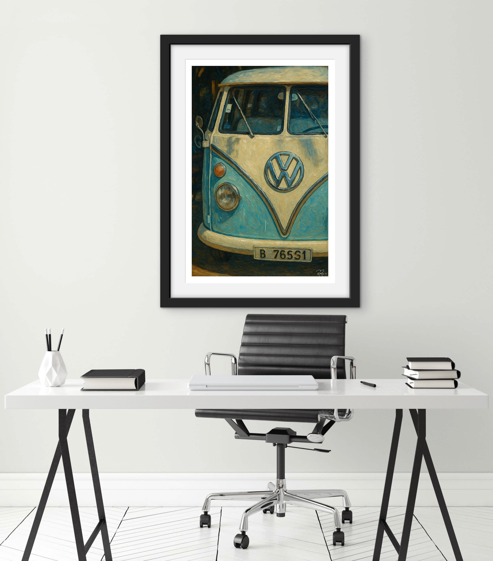 Framed artwork of a vintage Volkswagen bus on a wall above a desk.