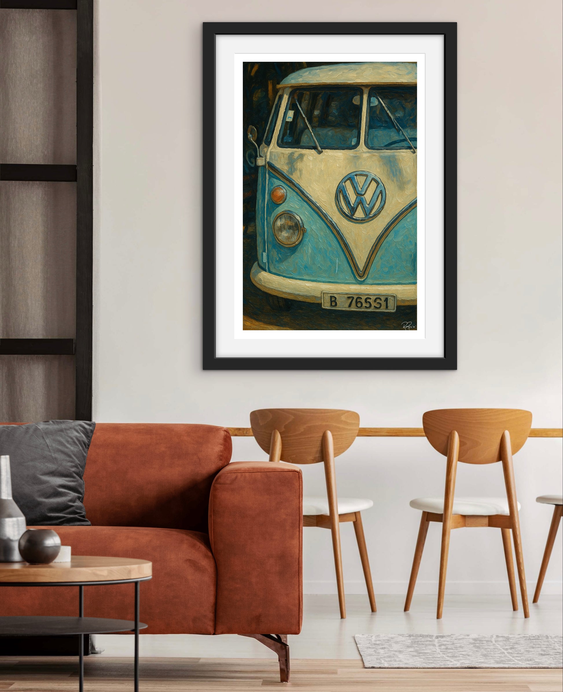 Framed artwork of a vintage Volkswagen van in a living room setting.