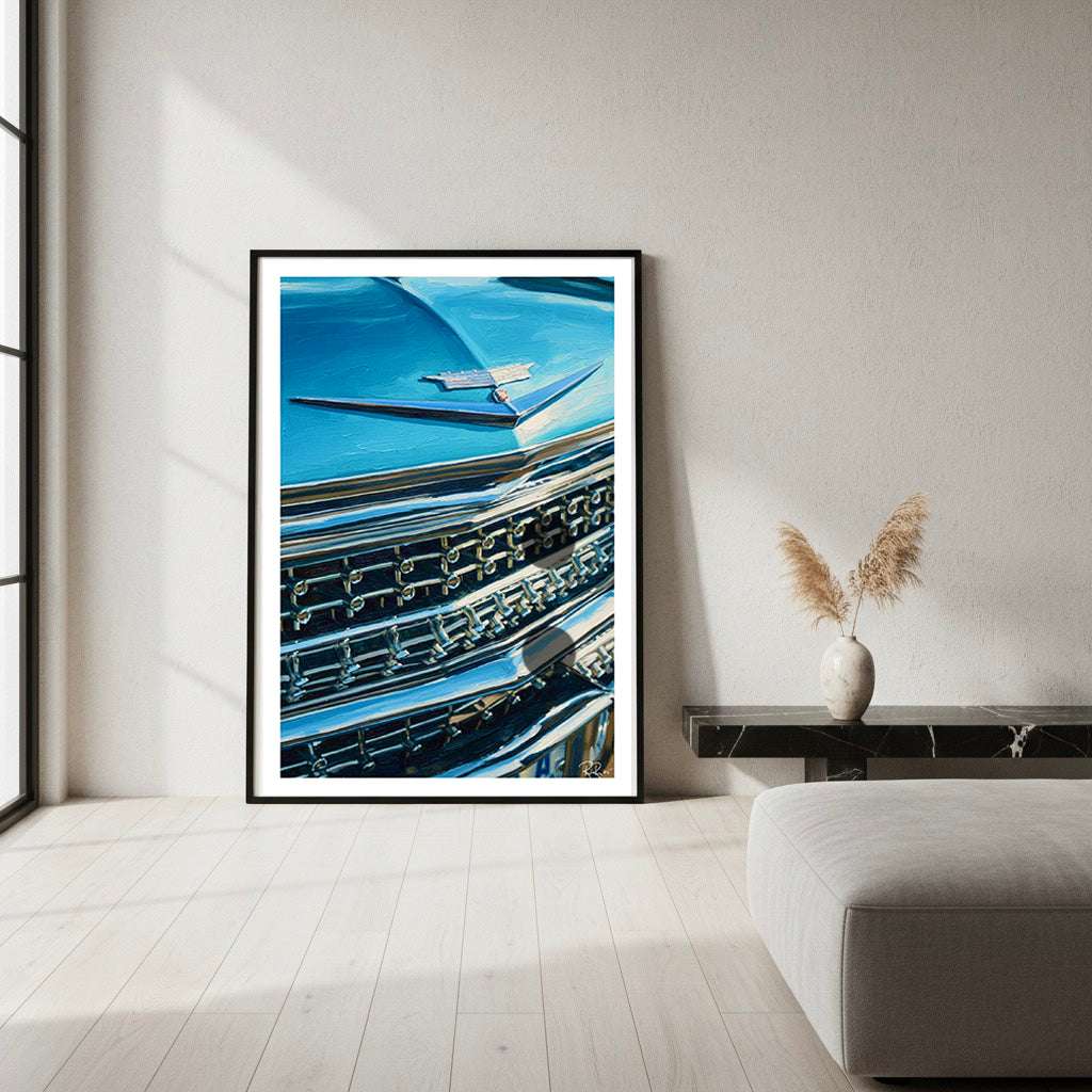 Vintage Car Chrome Art: Blue Cadillac Emblem Oil Painting