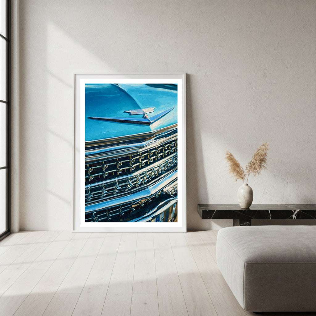 Vintage Car Chrome Art: Blue Cadillac Emblem Oil Painting