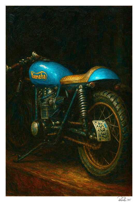 Artistic depiction of a Yamaha motorcycle on a dark background
