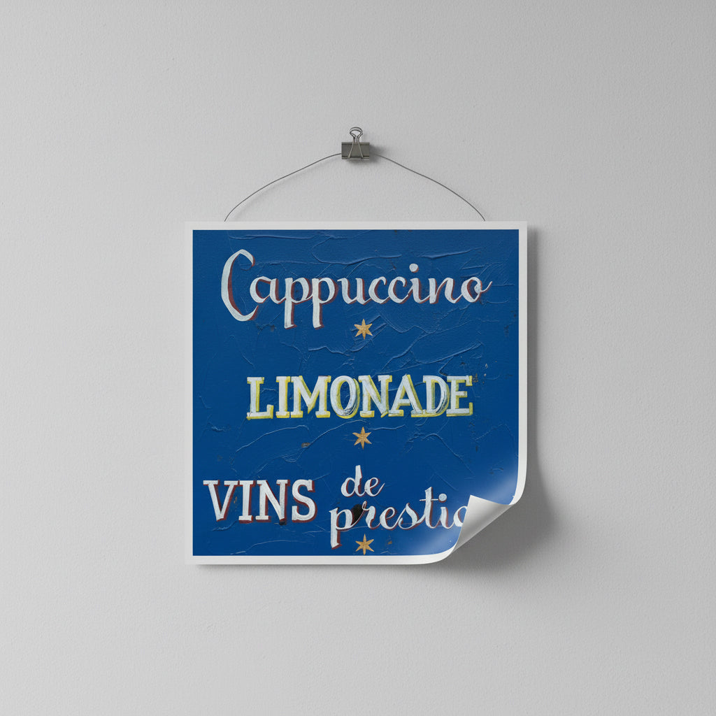 Decorative sign with text 'Cappuccino', 'Limonade', and 'Vins de prestige' on a blue background, hanging against a gray wall.
