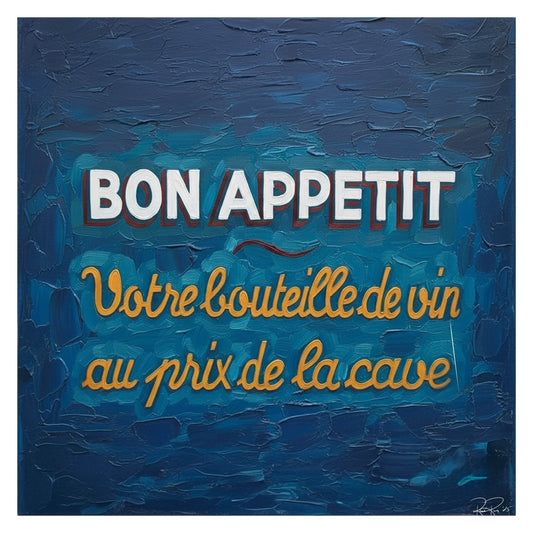 Text 'BON APPETIT Votre bouteille de vin au prix de la cave' on a textured blue background
