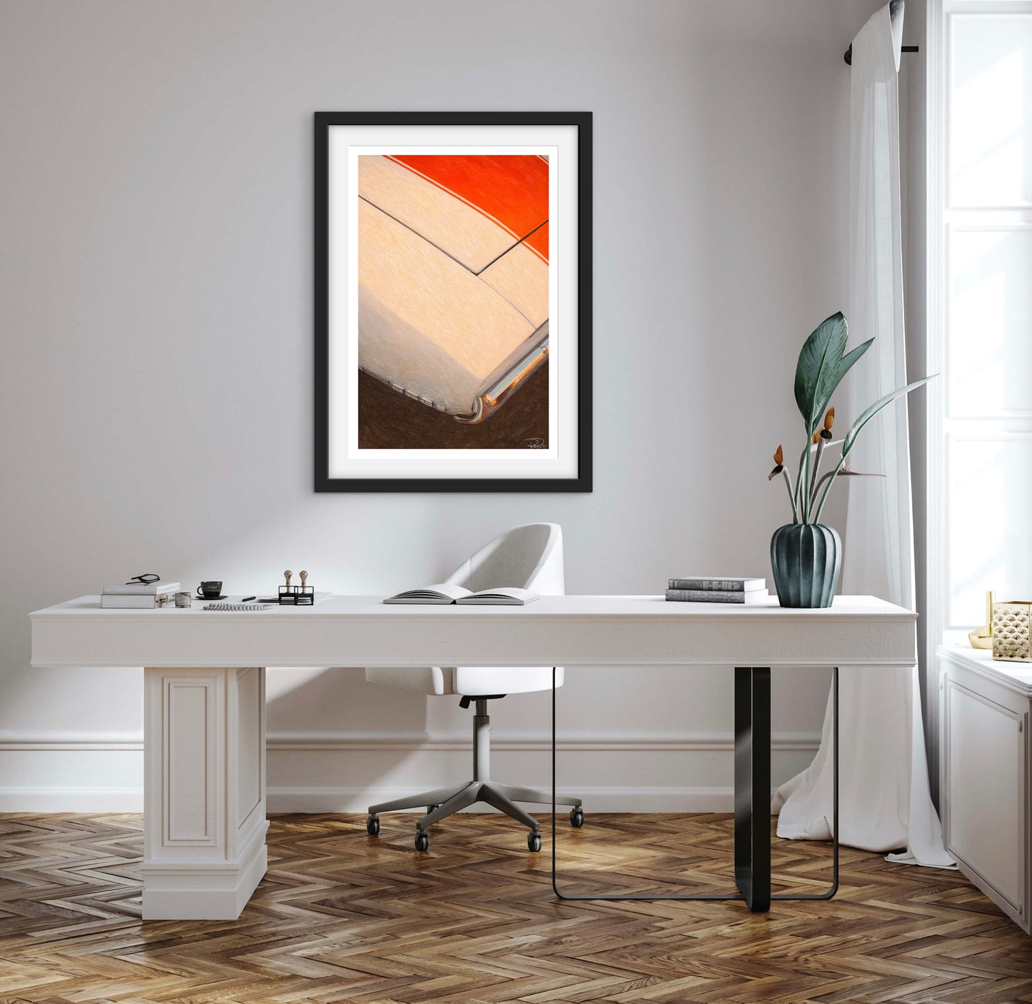 Modern office setup with a white desk, chair, and framed abstract art on a wall.