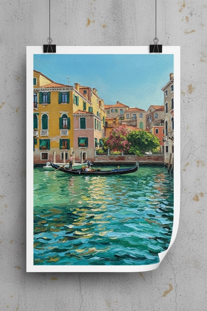 Painting of a canal scene with colorful buildings and boats, hanging on a textured wall.