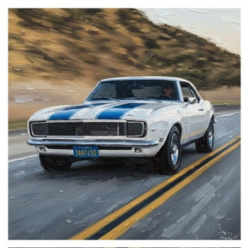 White muscle car with blue stripes on a road