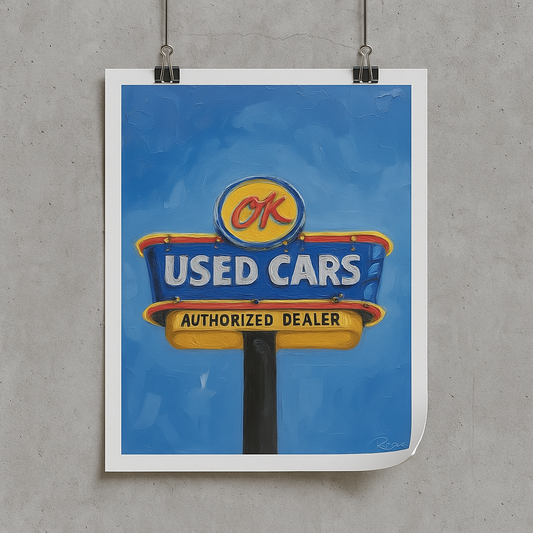Poster of an OK Used Cars sign on a blue background, clipped to a gray wall.