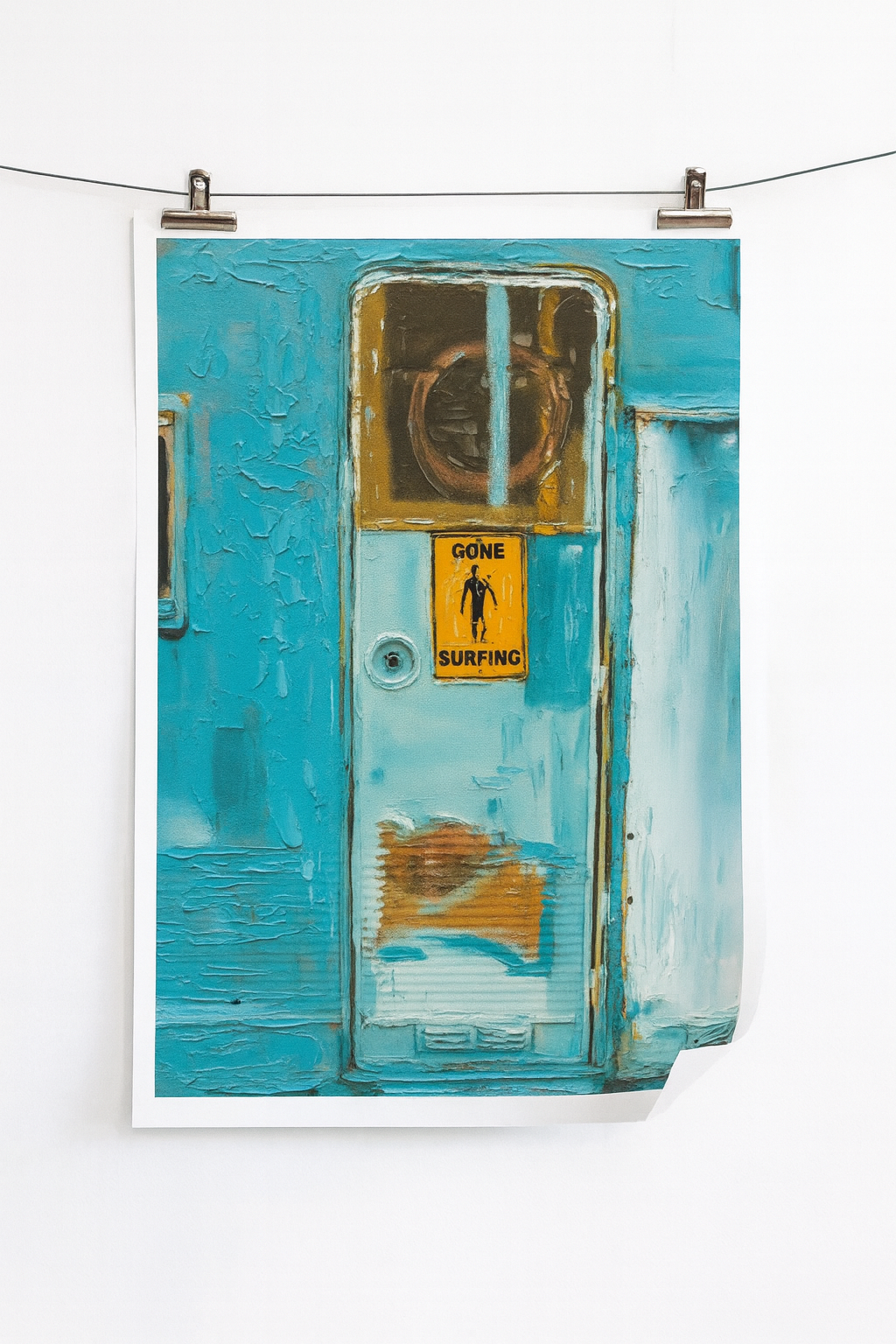 Abstract artwork with blue and gold tones on a white background