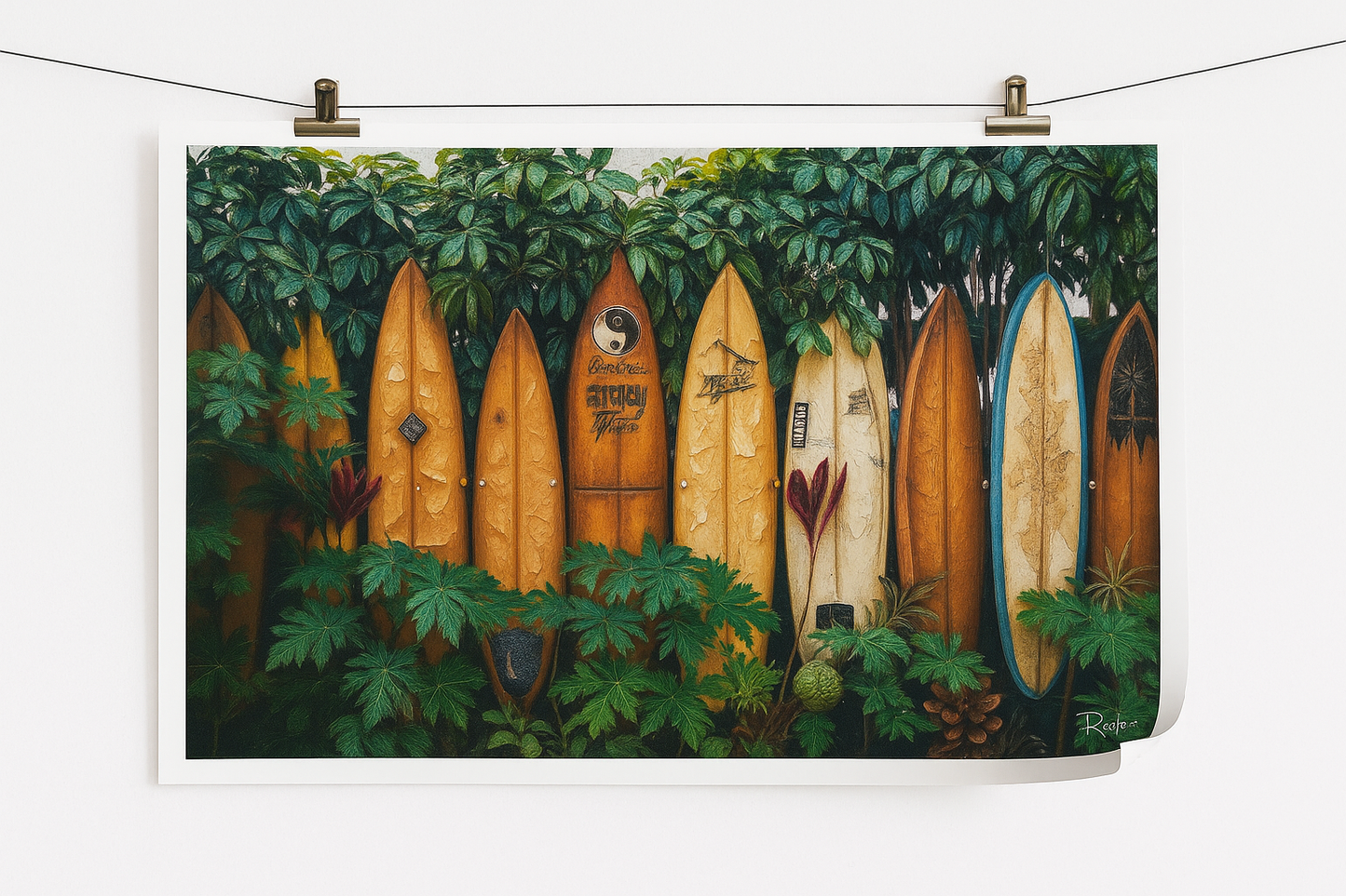 Painting of surfboards in a forest setting with a white border.