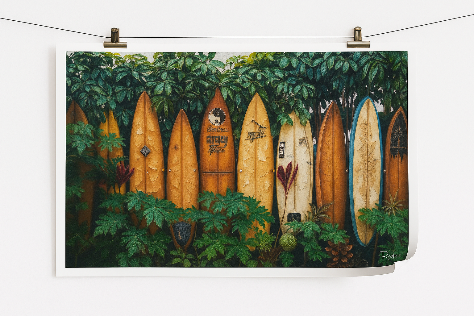 Painting of surfboards in a forest setting with a white border.