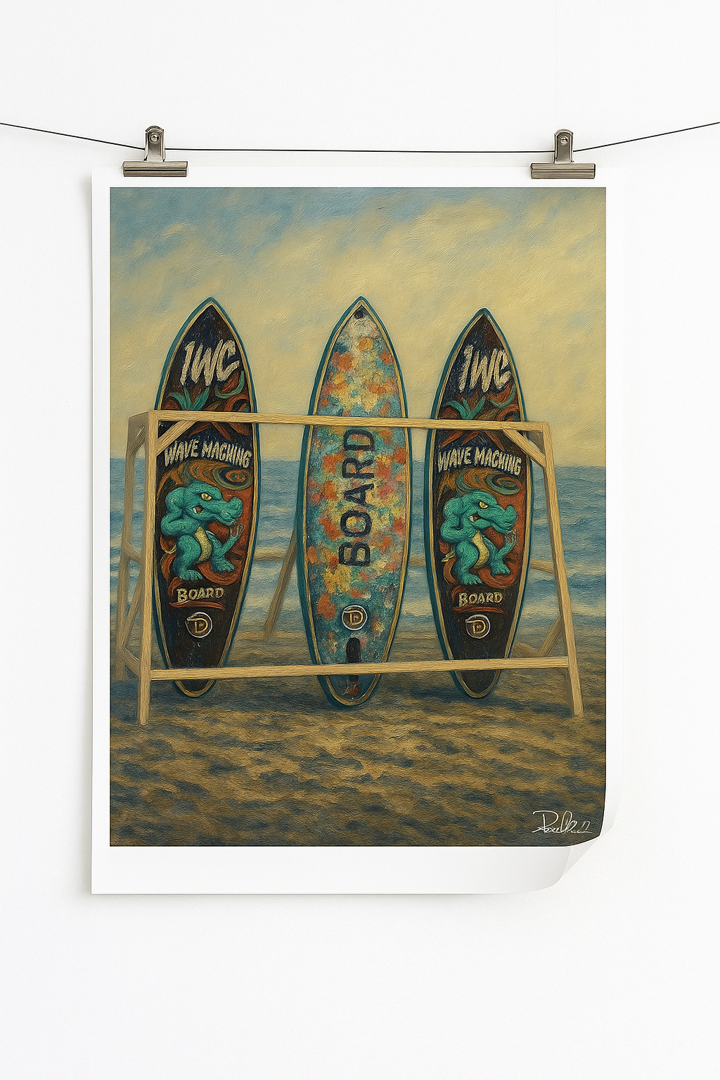 Art print of three surfboards with 'IWC' branding on a beach scene.