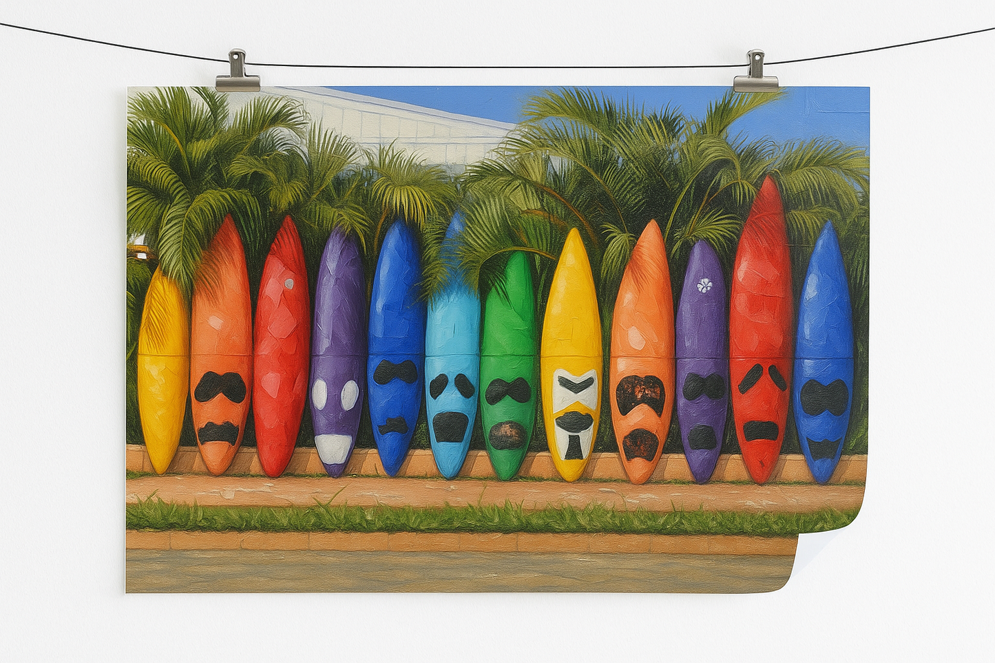 Colorful surfboards with face designs on a wooden deck against a palm tree background