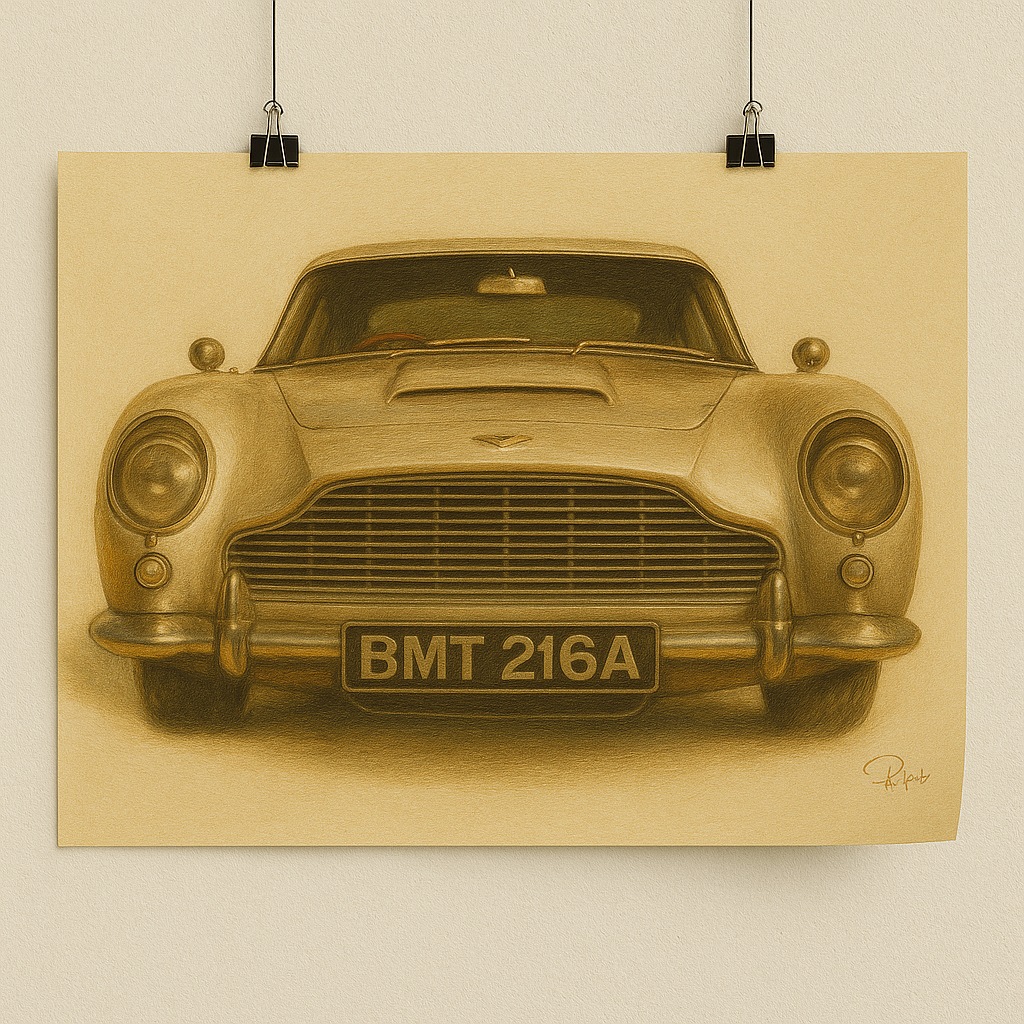 Artistic depiction of a vintage car on a beige background