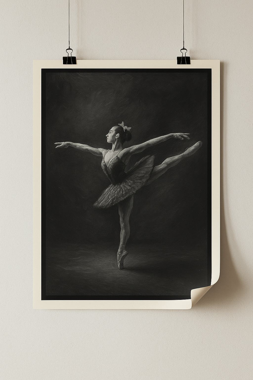 Black and white photo of a dancer in a frame on a light gray wall