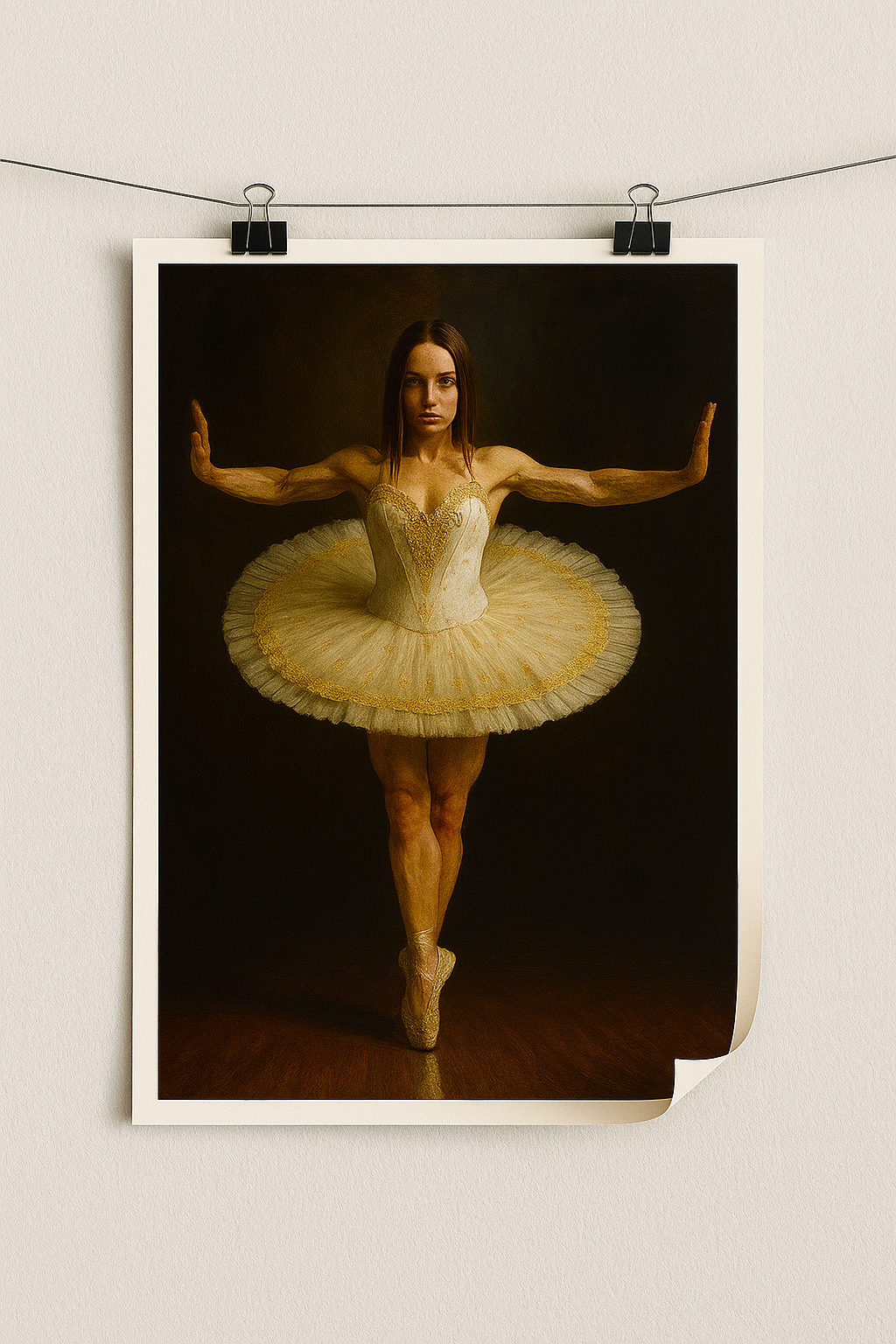 Framed photograph of a ballerina in a tutu against a dark background