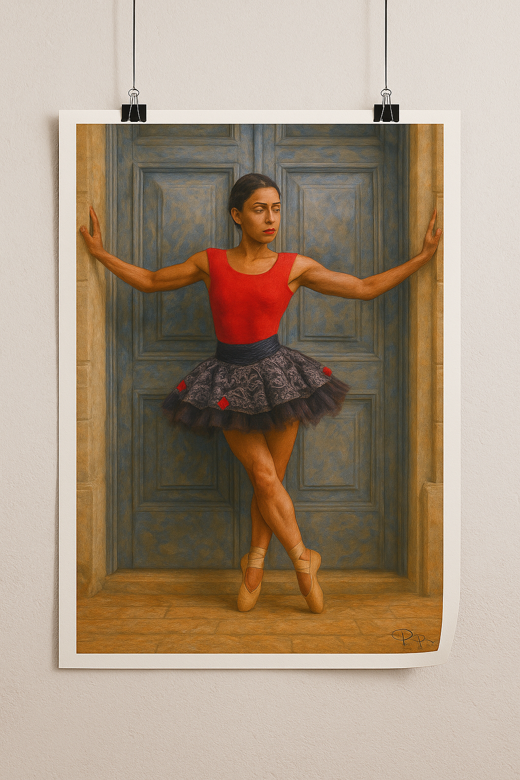 Painting of a ballerina in a red top and black skirt against a wooden door.