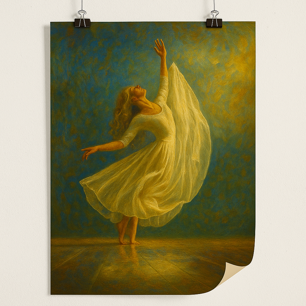 Poster of a woman in a yellow dress dancing against a textured green and blue background.