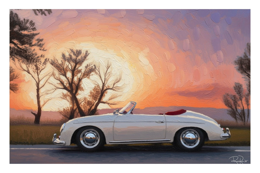 Vintage convertible car on a road with a sunset and trees in the background