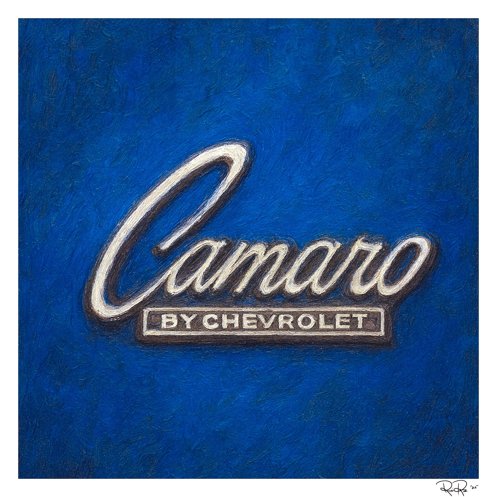 Camaro by Chevrolet logo on a blue background