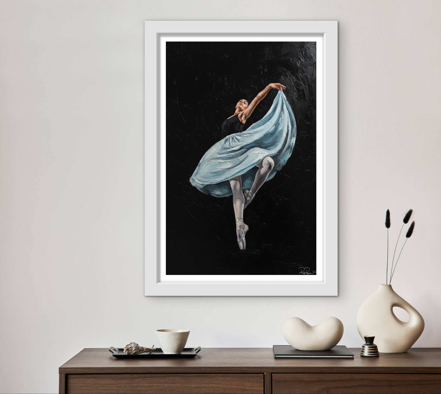 Oil Painting Print: Ballerina Dance on Pointe | Dramatic Black Background | Textured Impasto Art