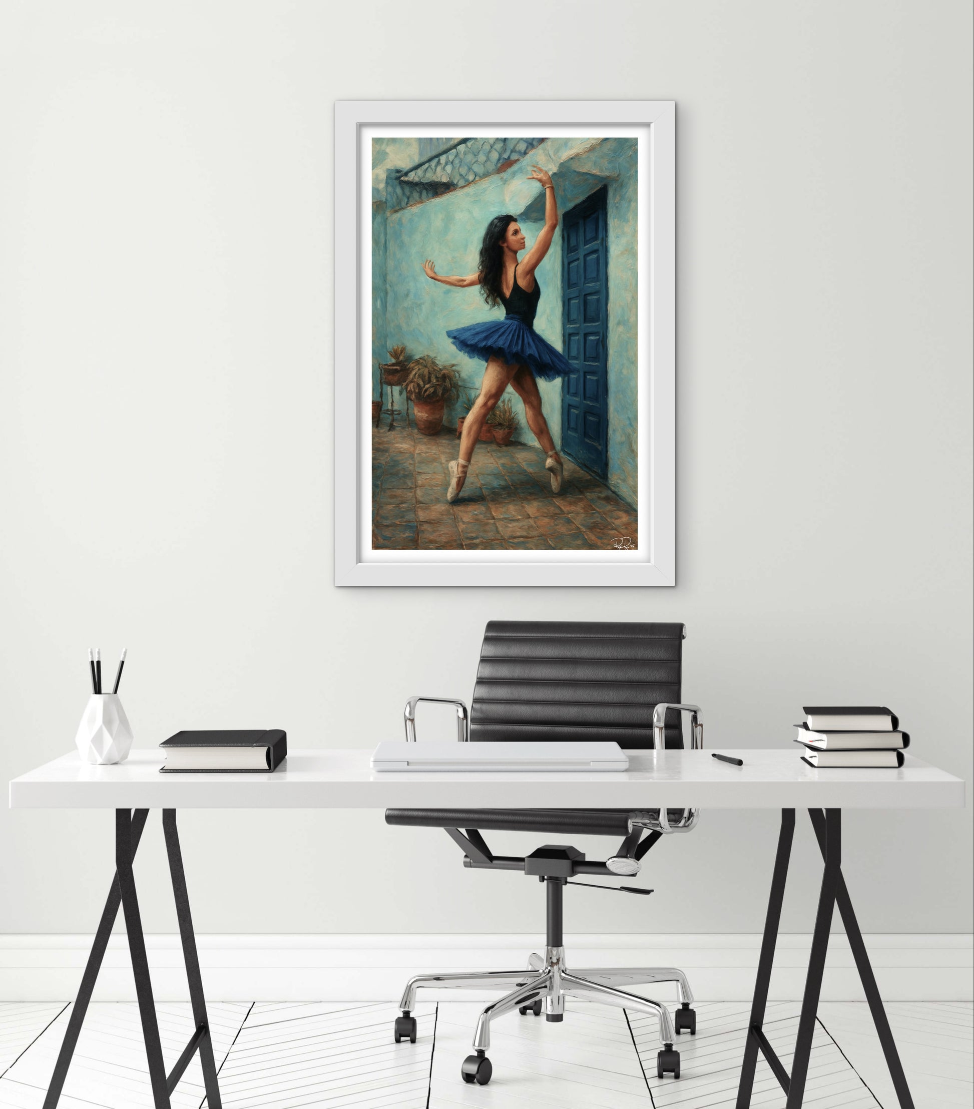 Framed artwork of a dancer in a modern office setting with a desk and chair.