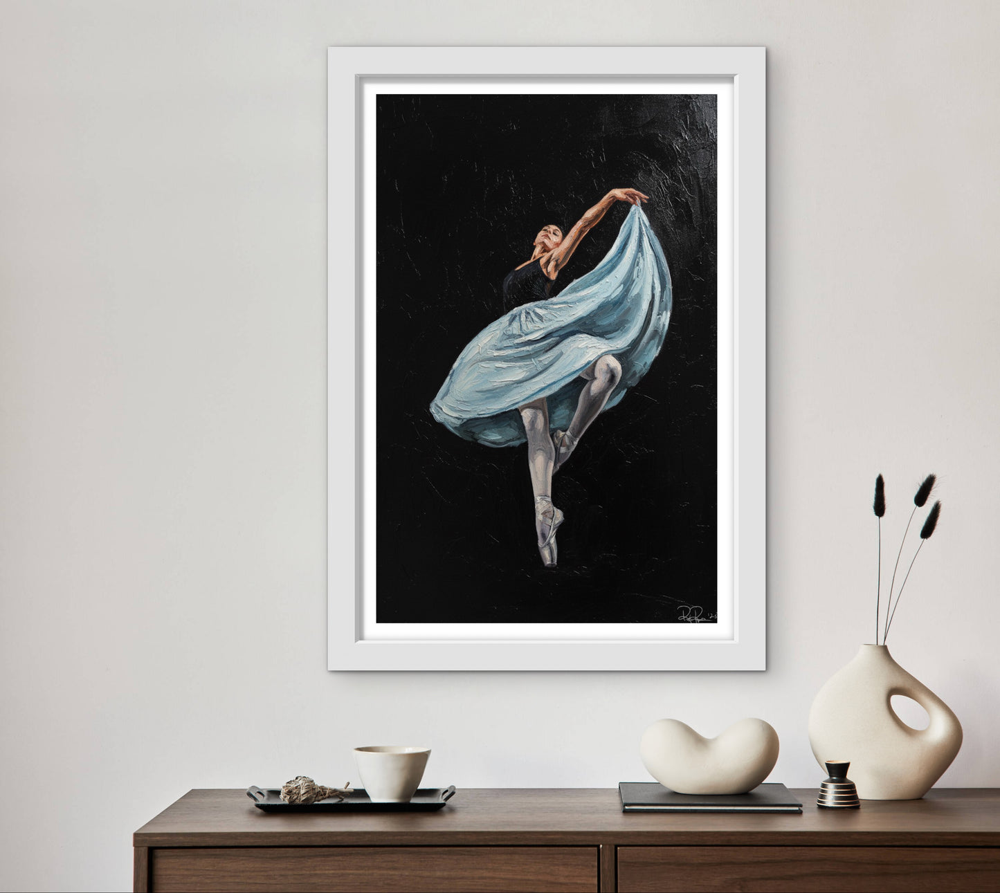 Oil Painting Print: Ballerina Dance on Pointe | Dramatic Black Background | Textured Impasto Art