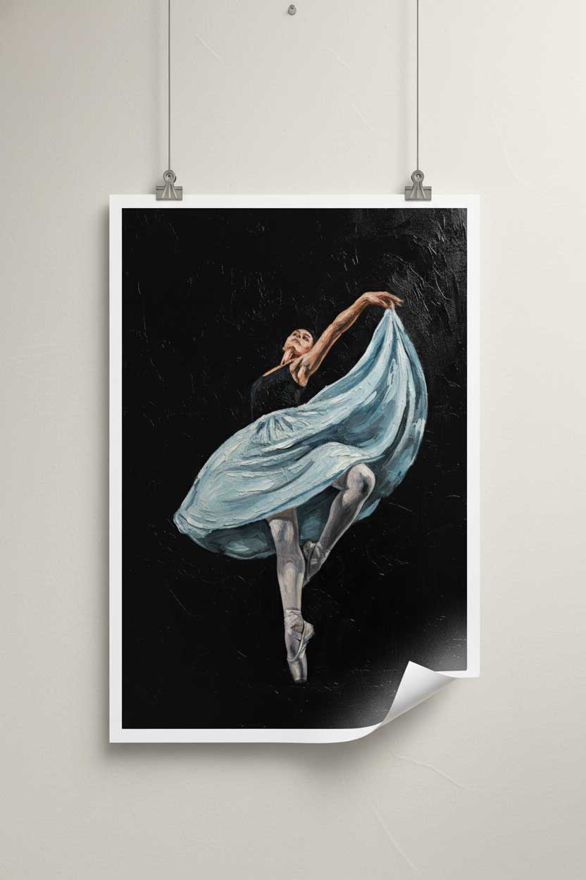 Poster of a dancer with a flowing blue dress on a plain wall.