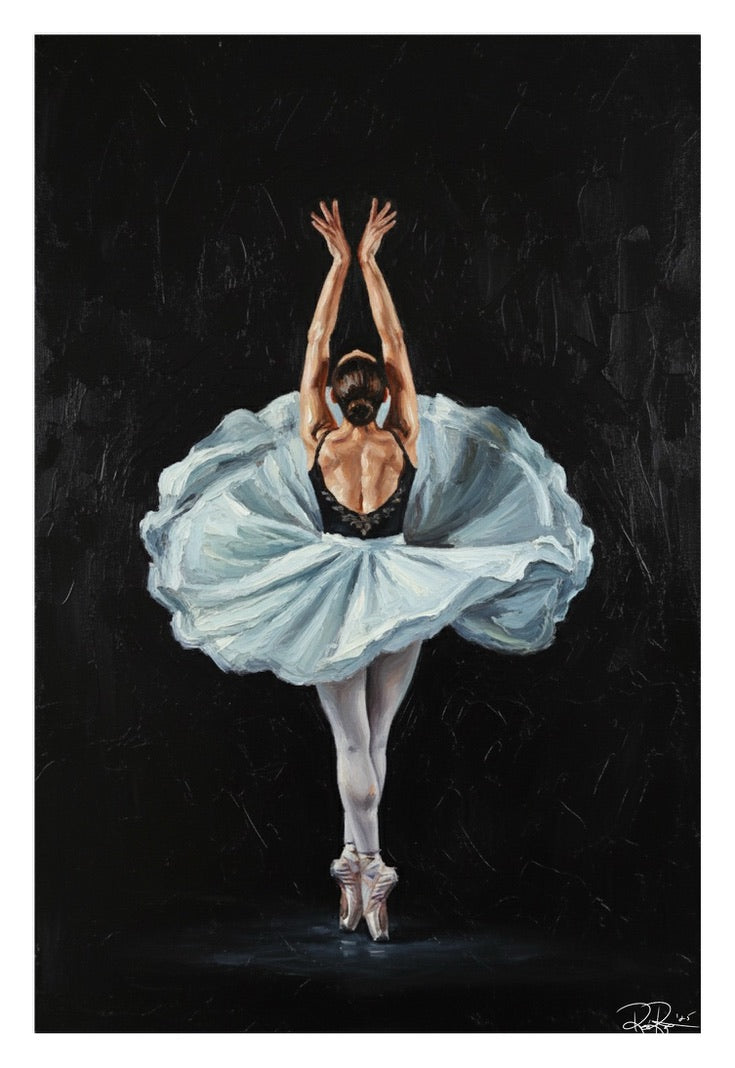 Painting of a ballerina in a blue tutu against a dark background