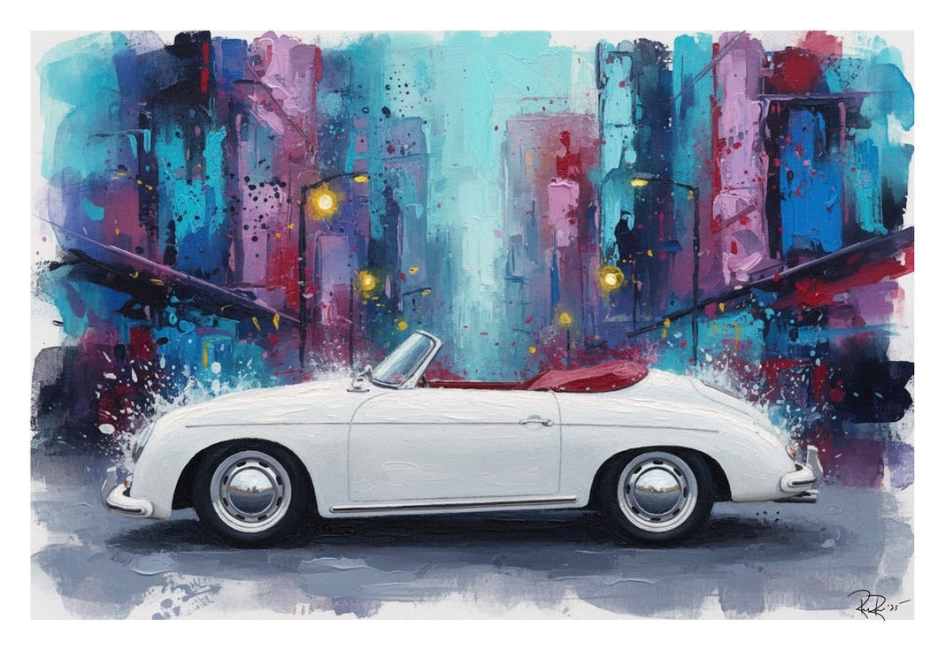 White convertible car in front of a colorful cityscape