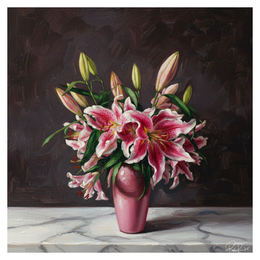 Painting of pink lilies in a vase on a marble surface with a dark background