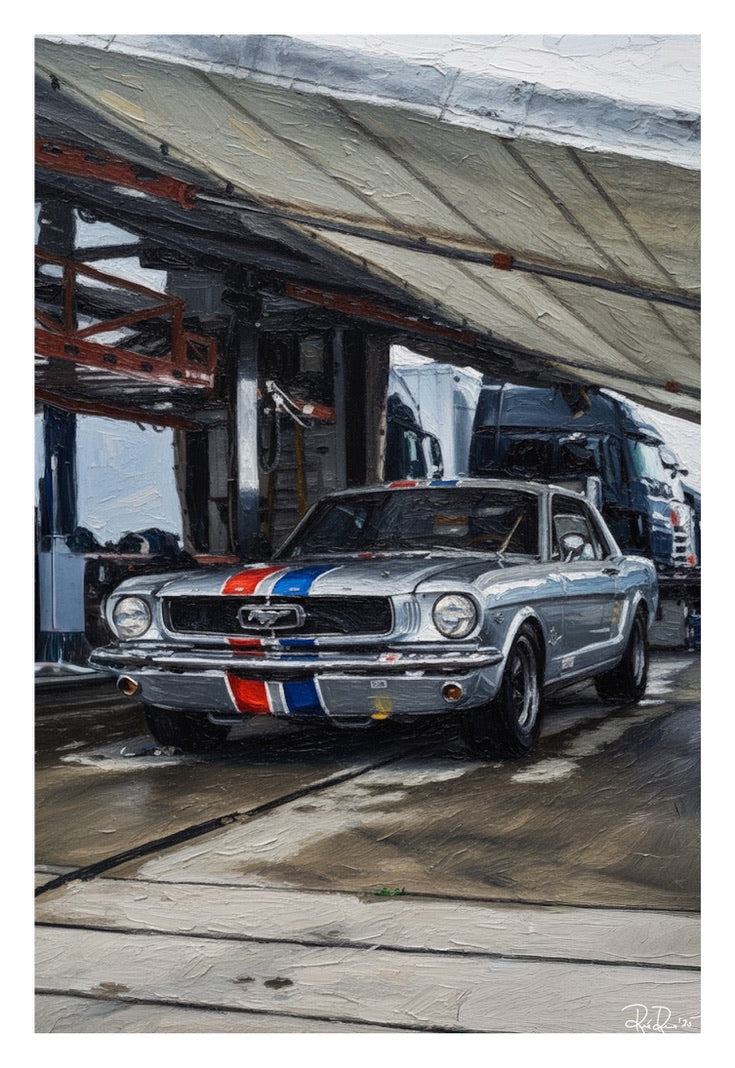 Vintage car with racing stripes at a gas station