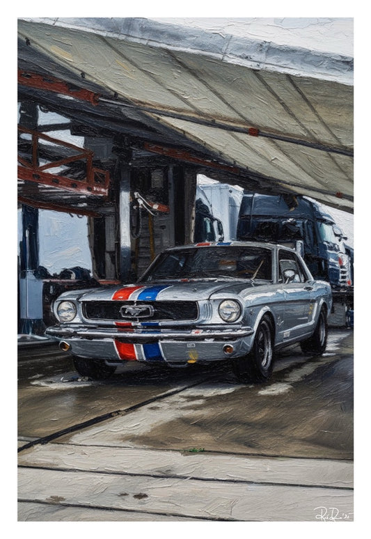 Vintage car with racing stripes at a gas station