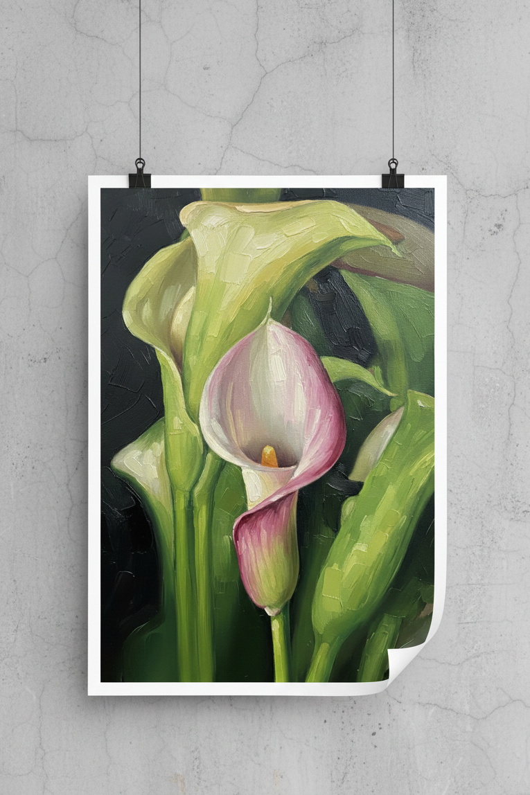 Poster of a calla lily flower on a textured gray wall.