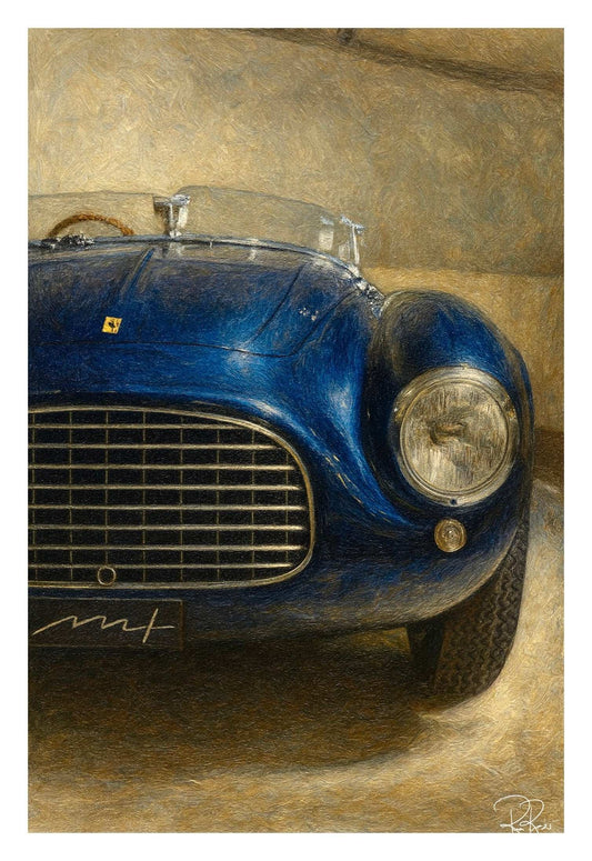 Close-up of a blue vintage car with a blurred background